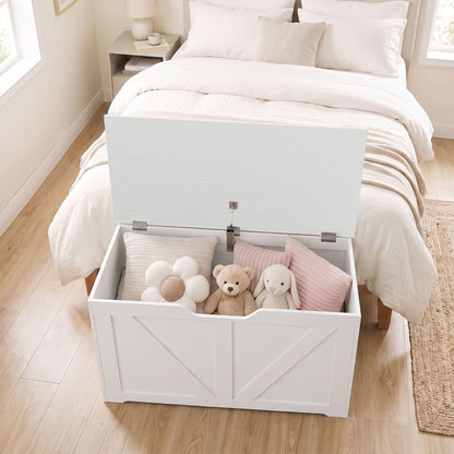 100L Home Storage Box, with Safety Hinge - White Wood-Effect