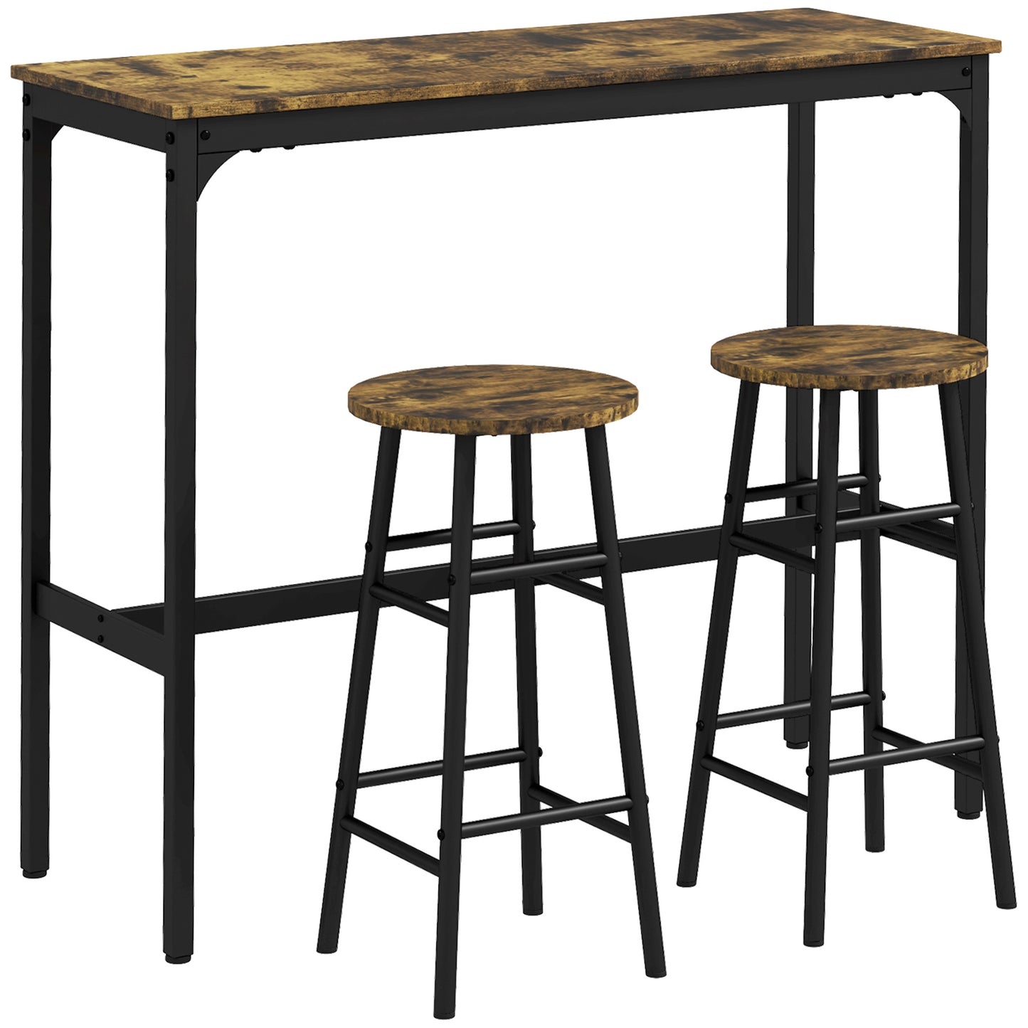 3 Piece Bar Table Set with 2 Stools, Industrial Bar Table and Stool Set, Dining Table and Chair Set, Rustic Brown