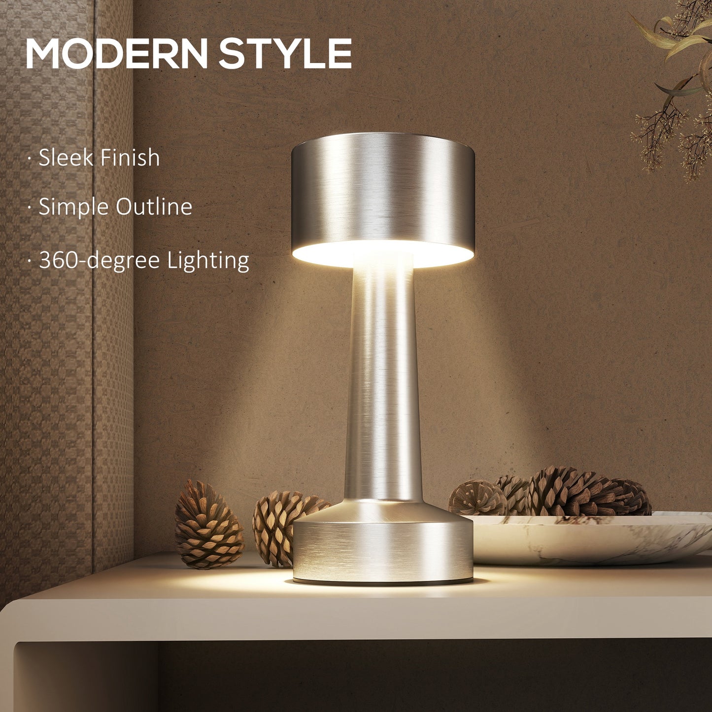 Cordless Table Lamp, Touch LED Desk Lamp with Rechargeable Battery, 3 Colour, for Bedroom Living Room, Silver