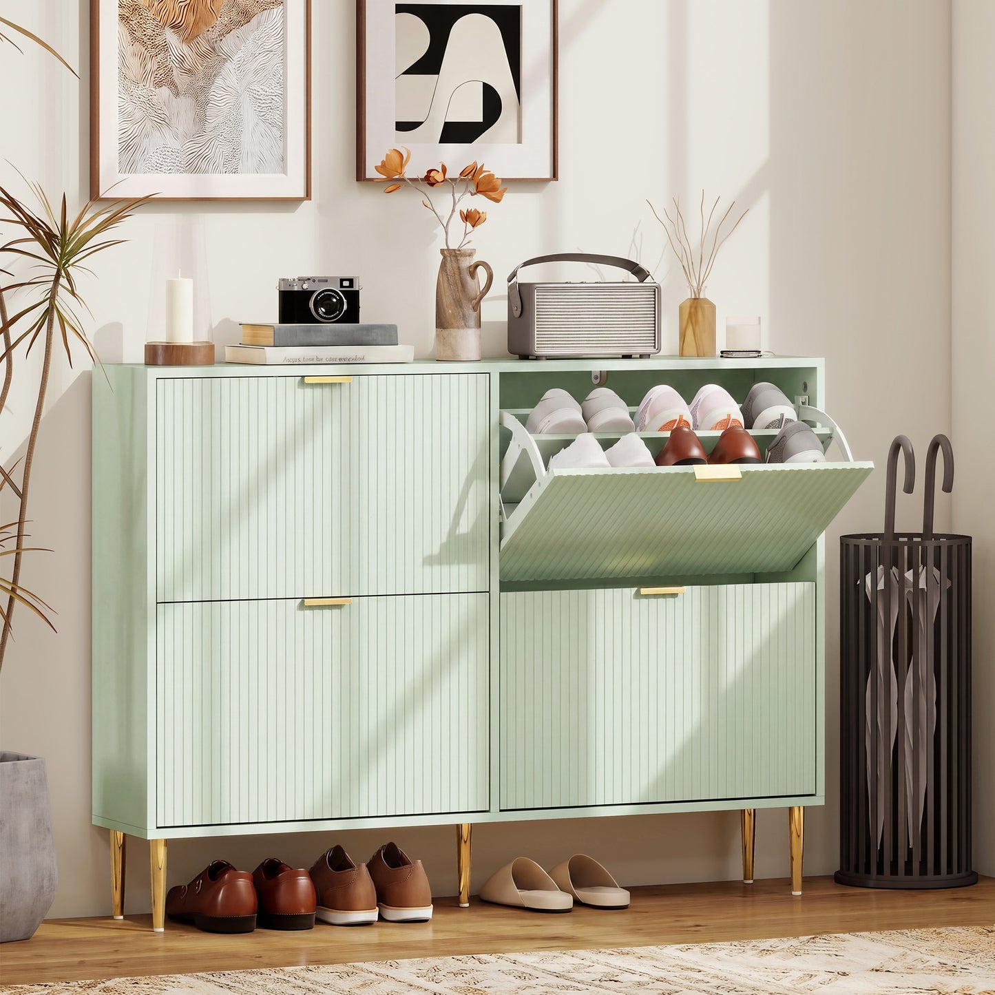 Elegant Four-Drawer Shoe Cabinet - Light Green