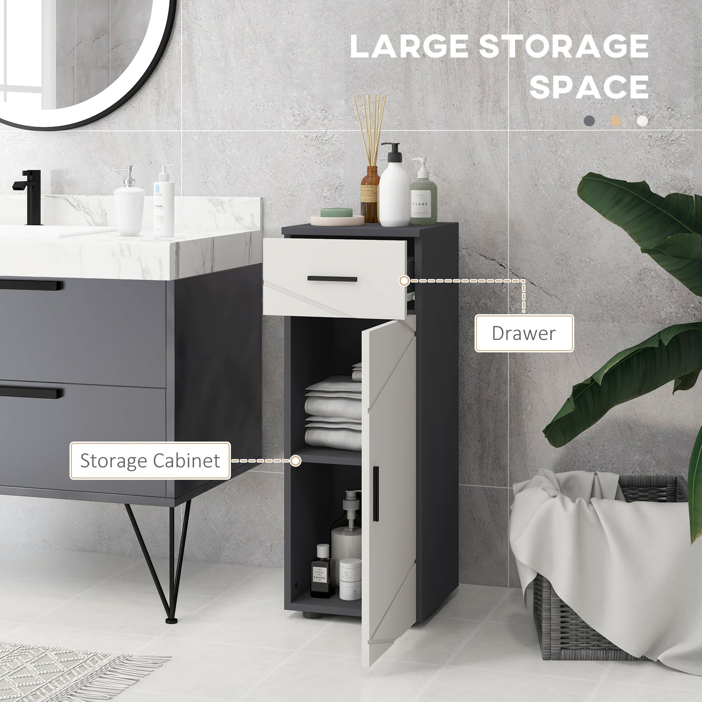Slim Bathroom Cabinet, Narrow Bathroom Storage Cabinet with Drawer, Door Cupboard, Adjustable Shelf and Soft Close Mechanism
