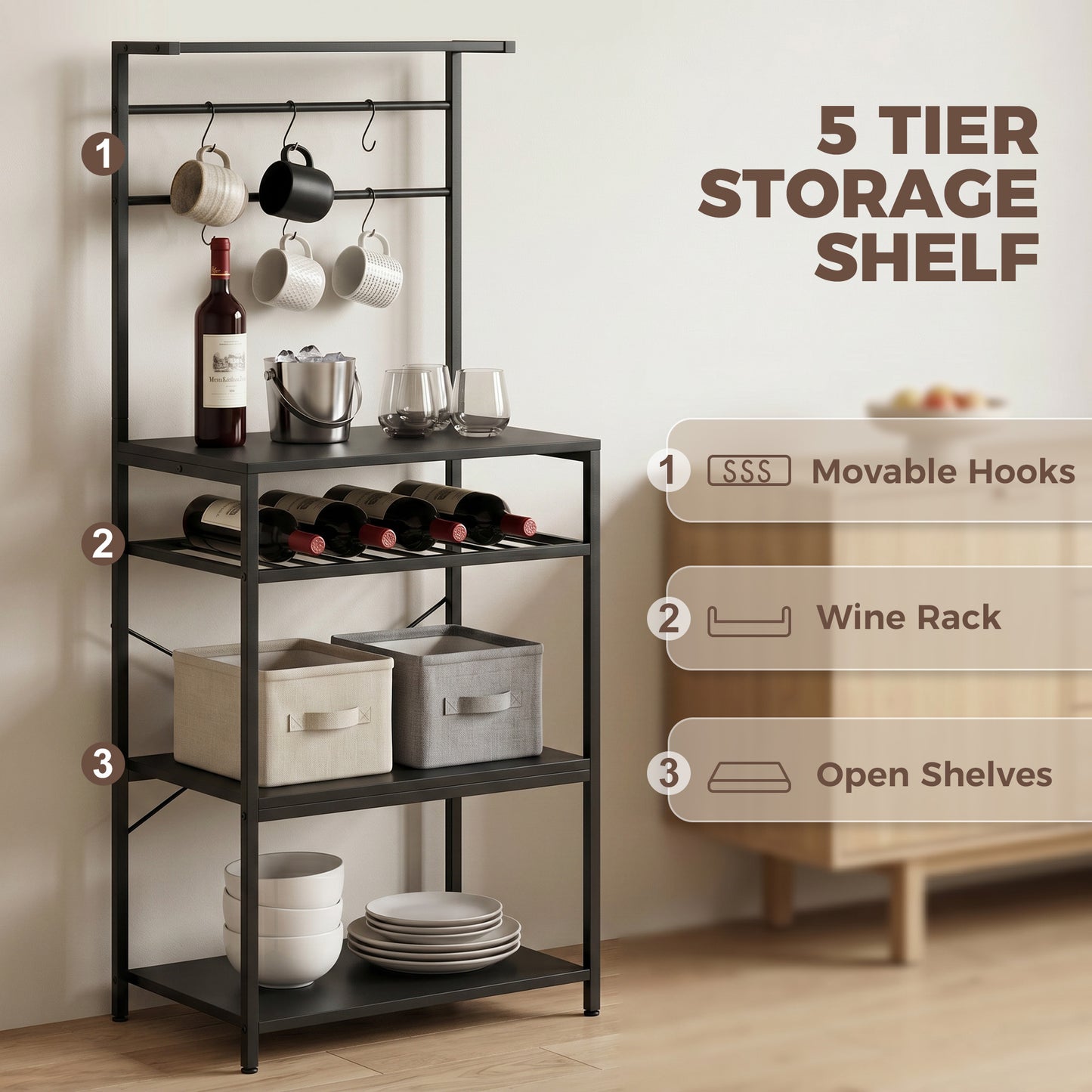 Freestanding Shelving Unit, Industrial Storage Shelf with 6 Hooks and Wine Rack for Living Room, Home Office, Black