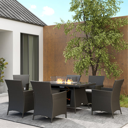 7 Pieces Outdoor Rattan Garden Furniture with Fire Pit Table, 6 Seater Garden Table and Chairs with Cushions