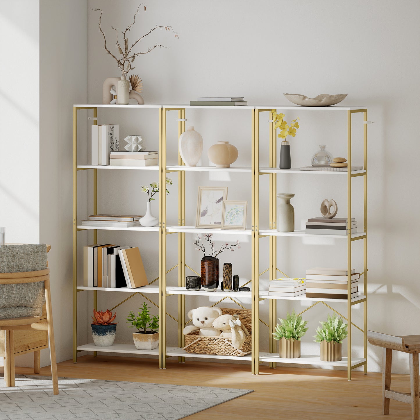 5-Tier Bookshelf, Modern Bookcase with Metal Frame - White and Gold Tone