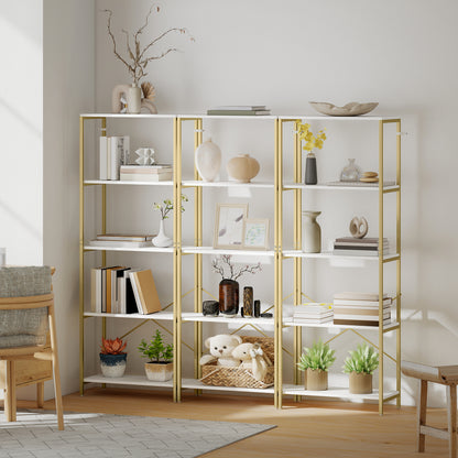 5-Tier Bookshelf, Modern Bookcase with Metal Frame - White and Gold Tone