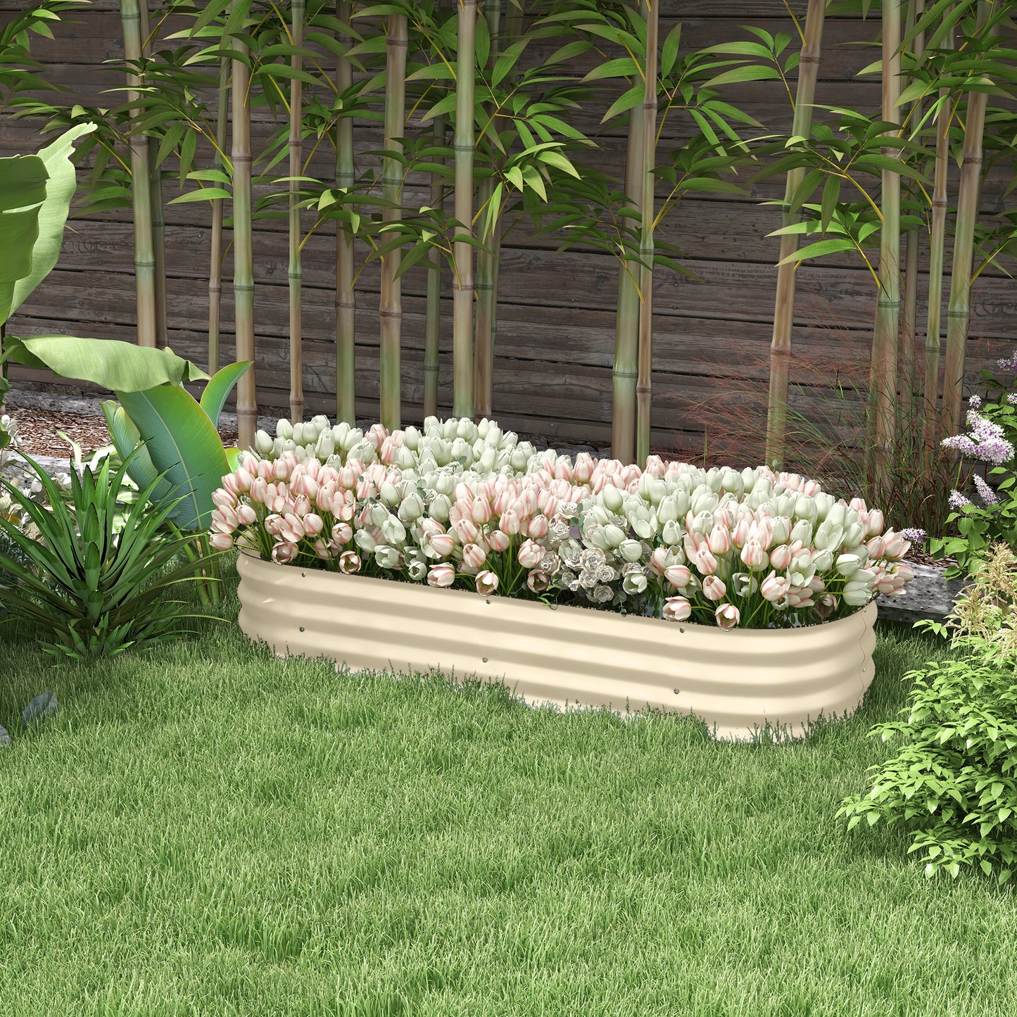 Galvanised Raised Garden Bed, Metal Planter Box with Safety Edging, for Flowers, Herbs, Succulents, Cream White