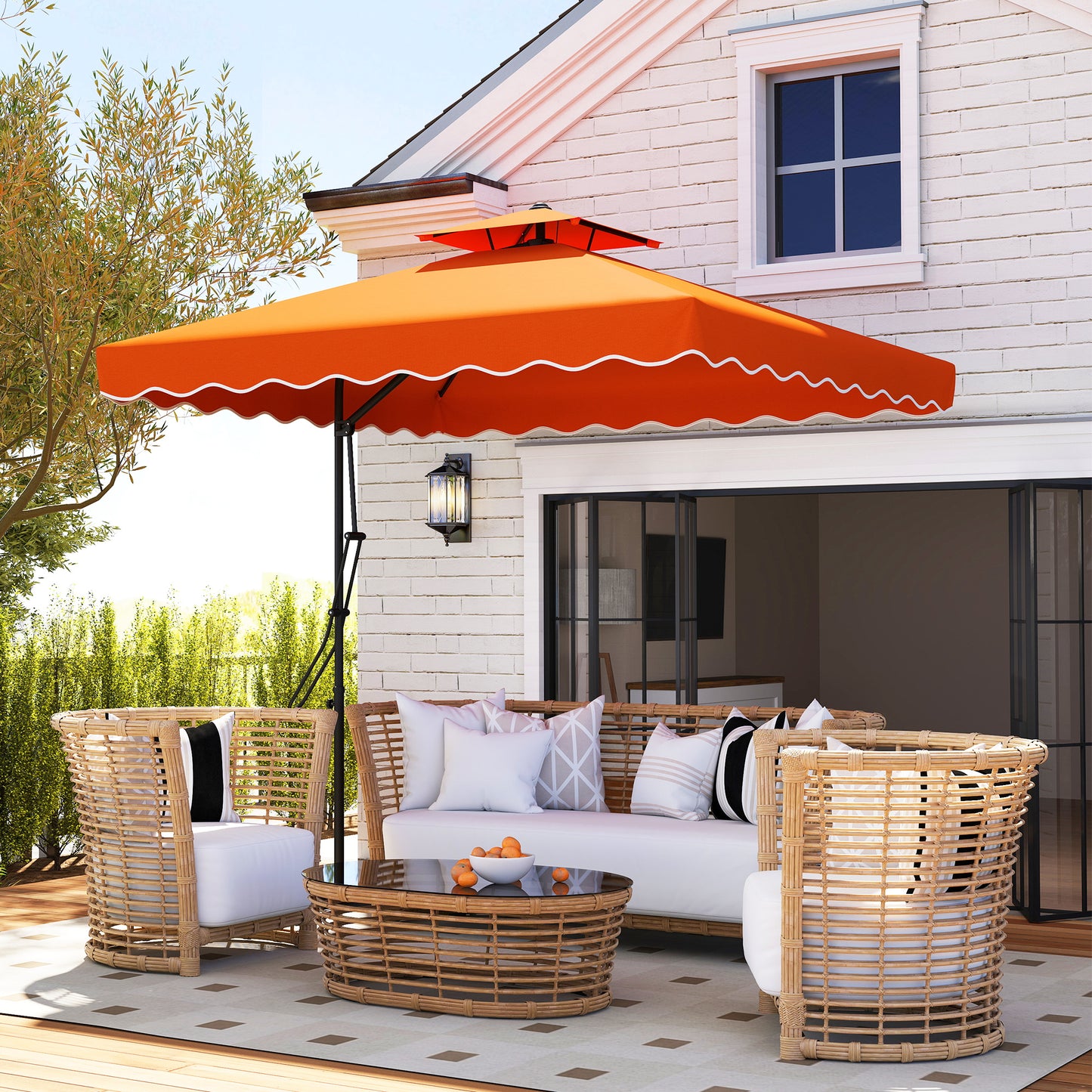 2.5m Cantilever Parasol with Easy Lever, Square Double Top Garden Parasol Umbrella with Ruffles and Cross Base