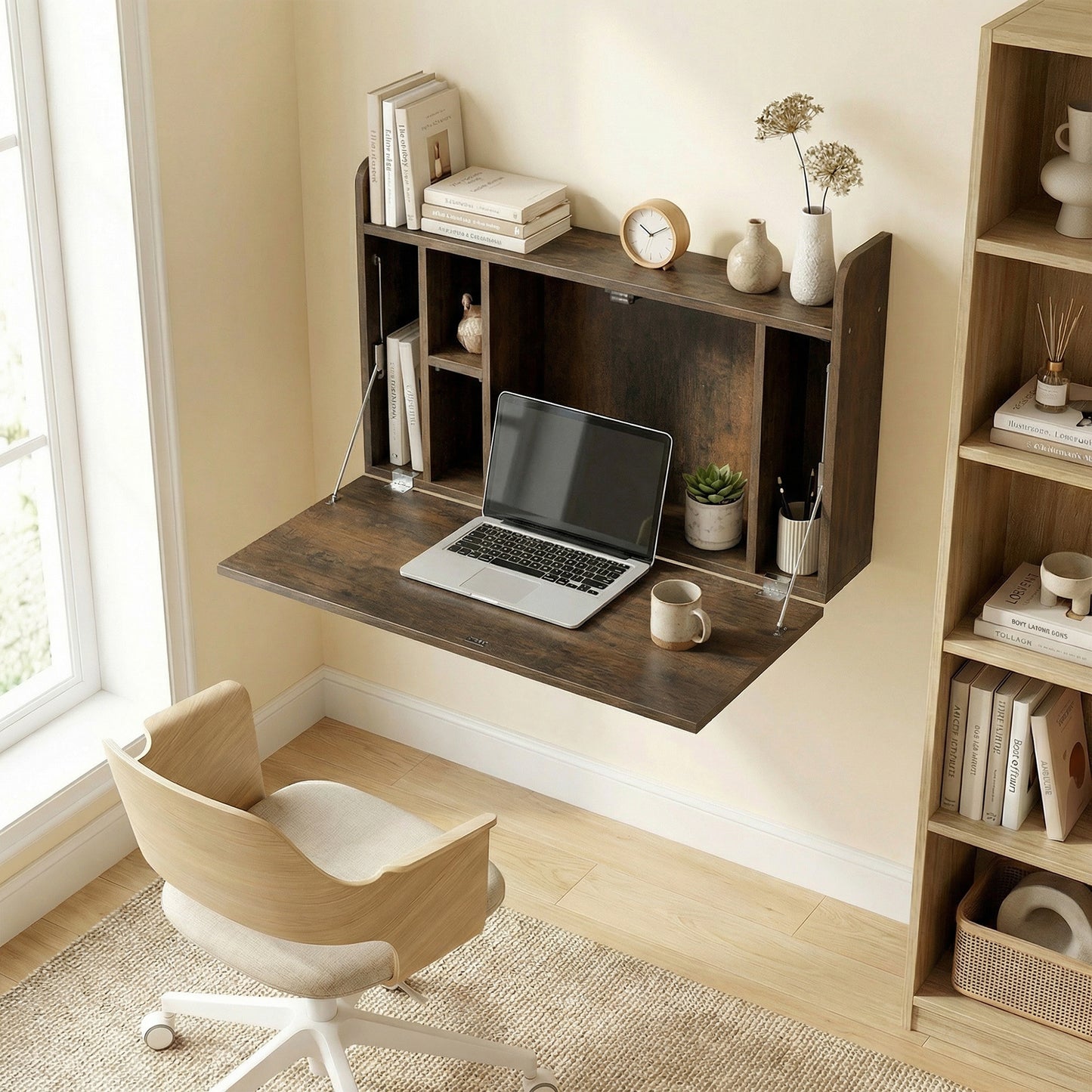 Wall Mounted Desk, Drop Leaf Floating Laptop Desk with Space Saving Storage Compartments for Home Office, Dark Brown