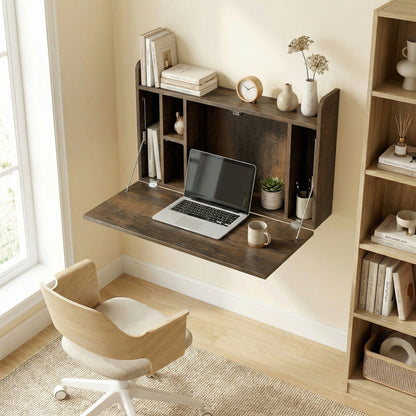 Wall Mounted Desk, Drop Leaf Floating Laptop Desk with Space Saving Storage Compartments for Home Office, Dark Brown