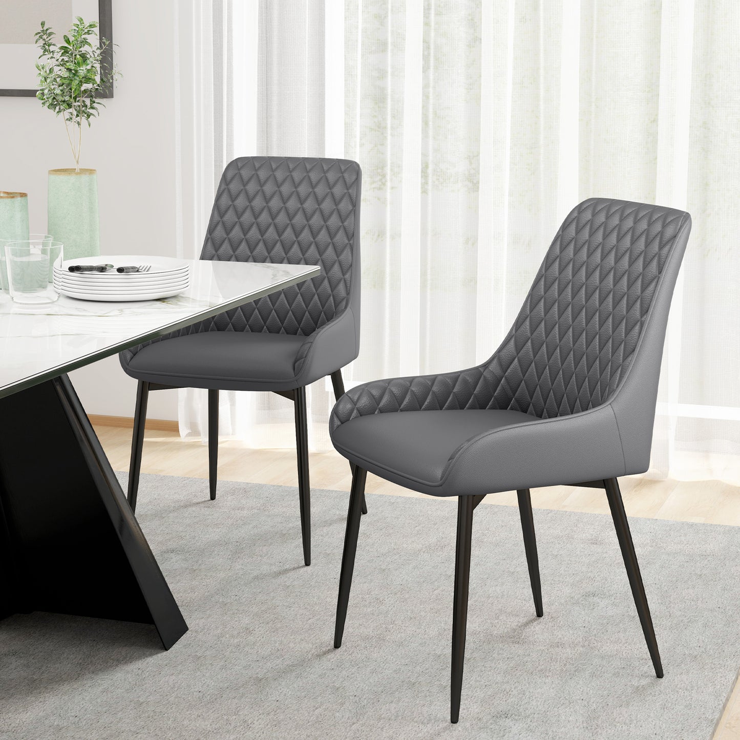 Set Of 2 Quilted PU Leather Dining Chairs with Metal Frame 4 Legs Foot Caps Home Seating Modern Stylish Executive Grey