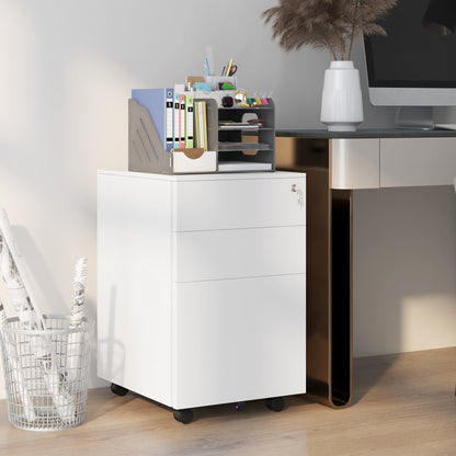 3-Drawer Vertical Filing Cabinet with Pencil Tray, Lock and 5 Wheels, Steel Mobile File Cabinet, for A4