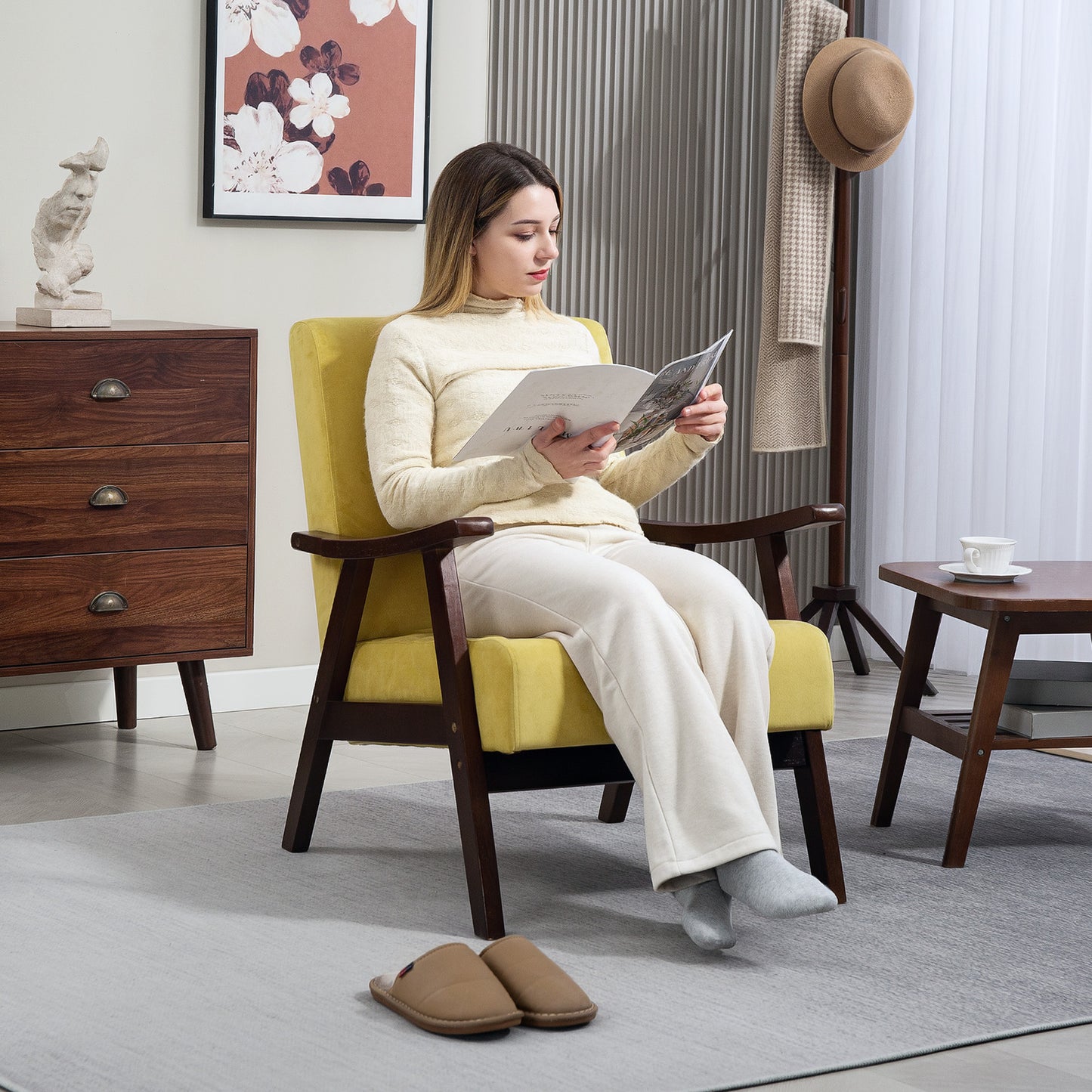Nordic Accent Chair, Upholstered Velvet Armchair with Solid Wood Frame and Soft Thick Padded for Living Room, Bedroom