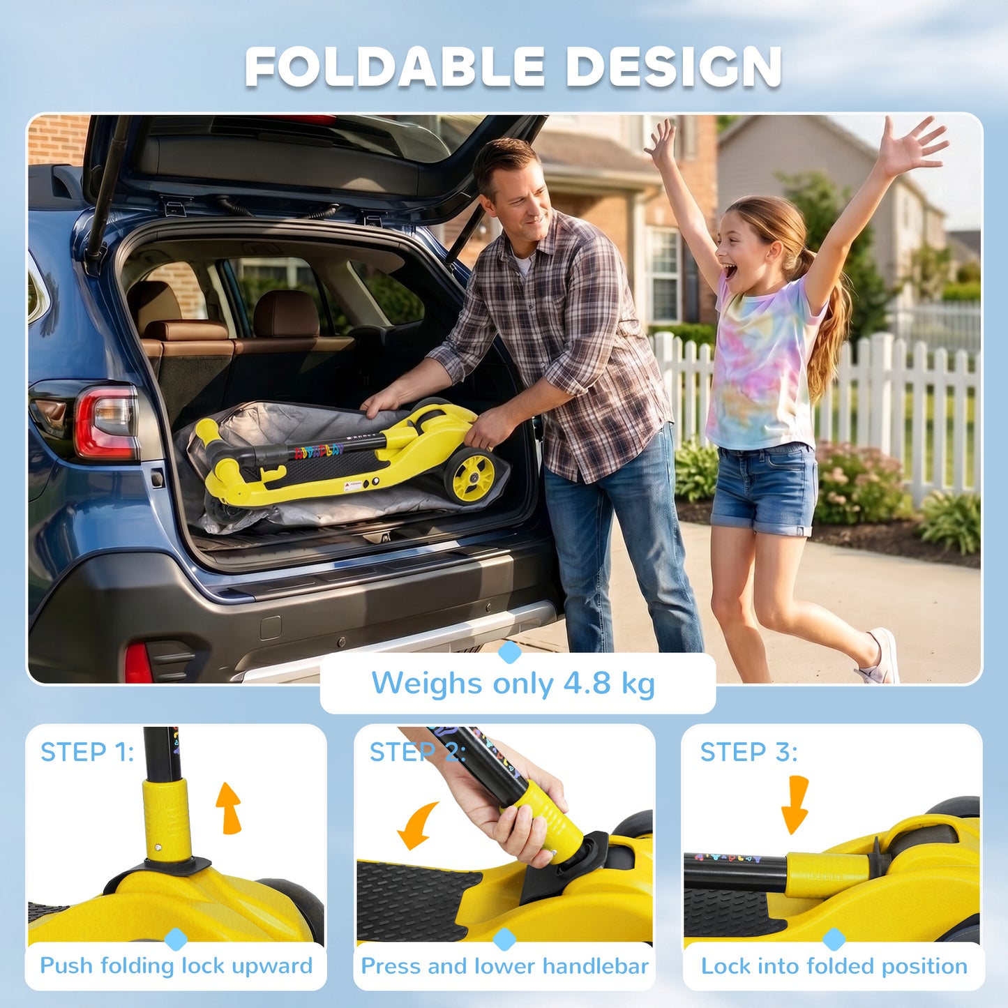 Three-Wheel Foldable Electric Scooter for Kids Aged 6-10 Years, Yellow