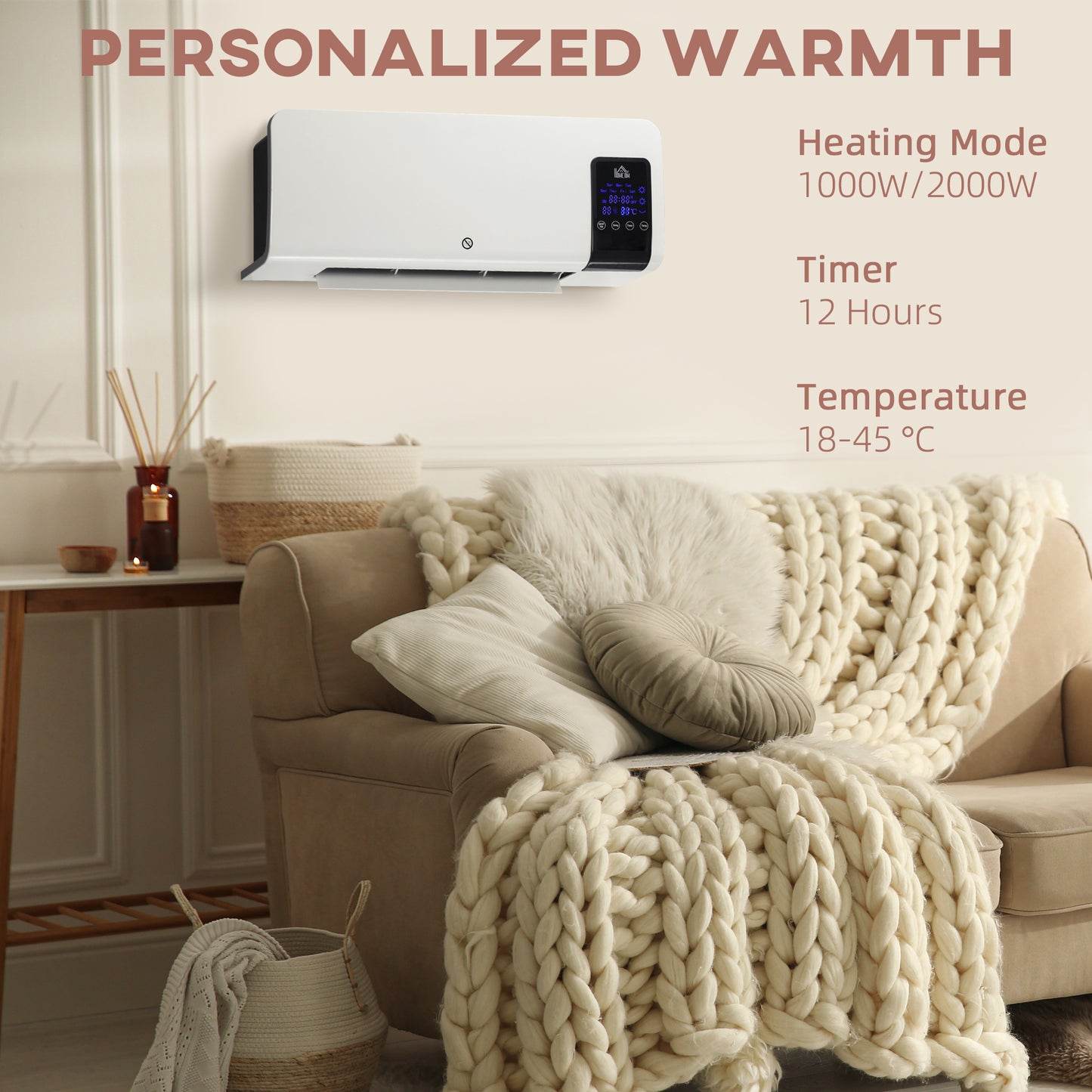 2000W Wall-Mounted Heater, 18-45°C Temperature, White