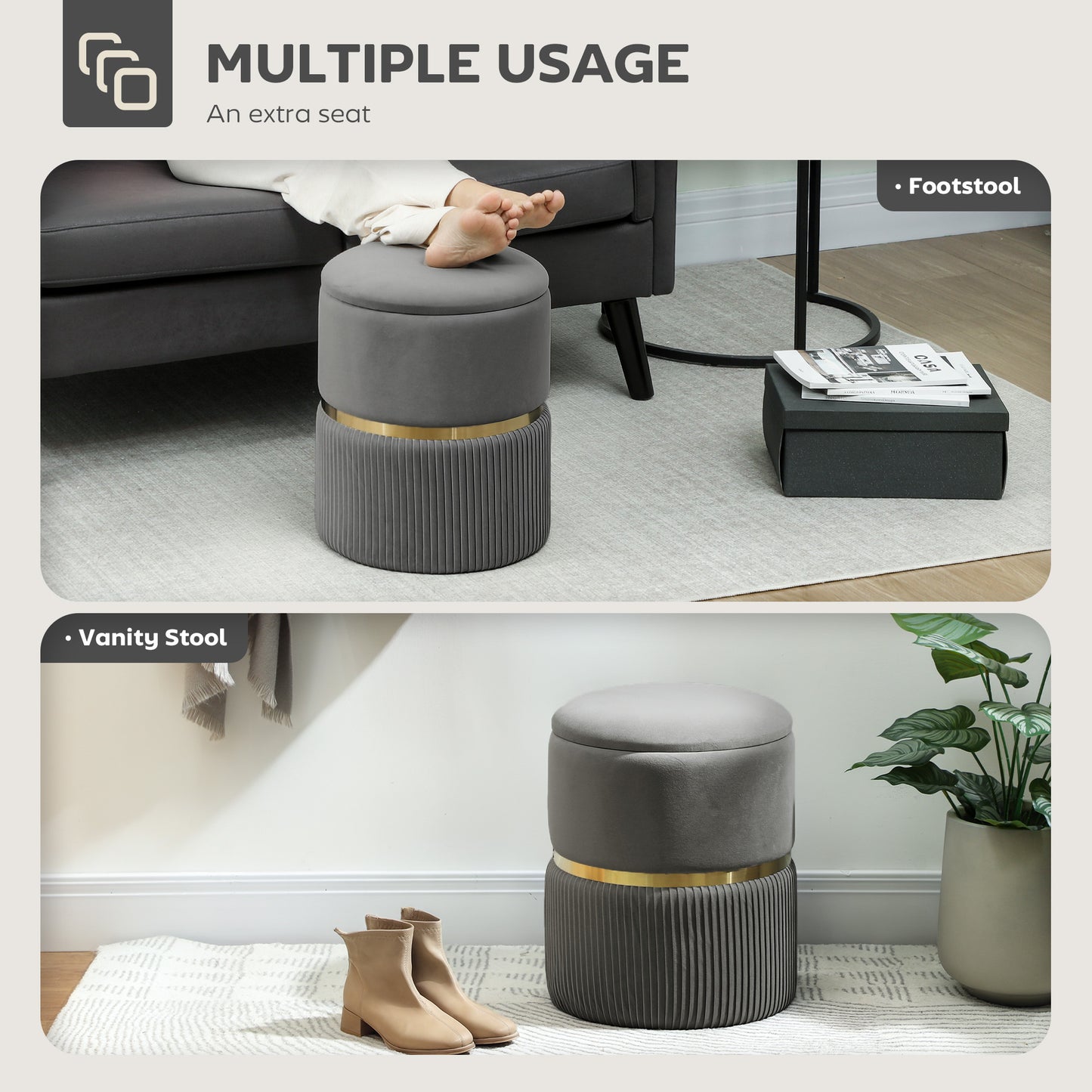 Velvet-Feel Storage Ottoman - Grey