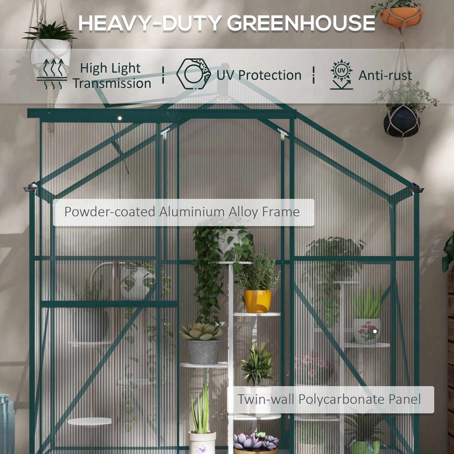 6 x 2.5ft Polycarbonate Greenhouse Walk-In Green House with Rain Gutter, Sliding Door, Window, Foundation, Green
