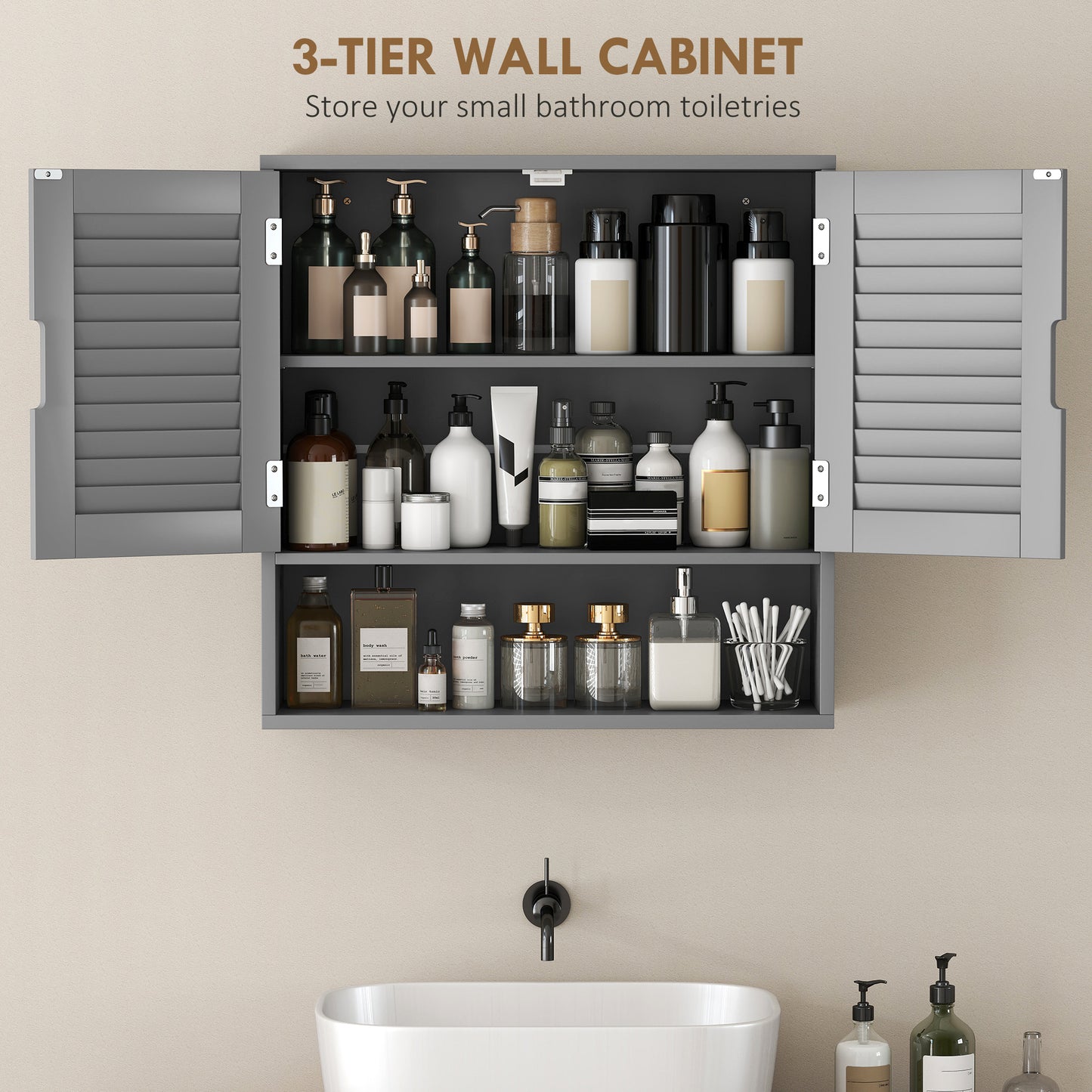 Bathroom Cabinet, Wall Mounted Storage Cabinet with Adjustable Shelves, 60 x 20 x 60 cm, Grey