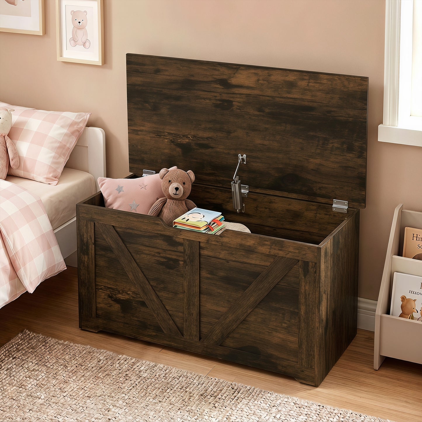 100L Home Storage Box, with Safety Hinge - Rustic Brown Wood-Effect