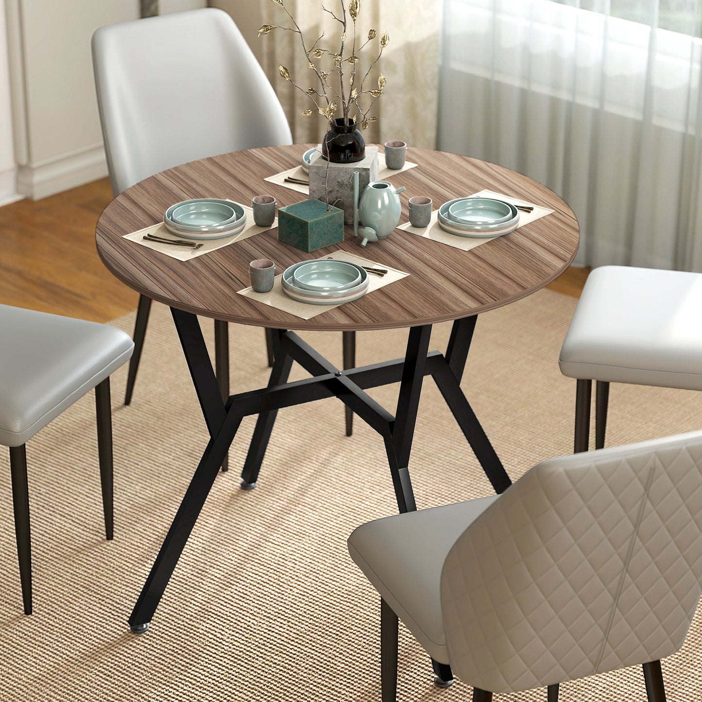 Dining Table, Round Kitchen Table with Black Legs, Anti-slip Foot Pads for Living Room, Dining Room 90 x 76 cm, Brown