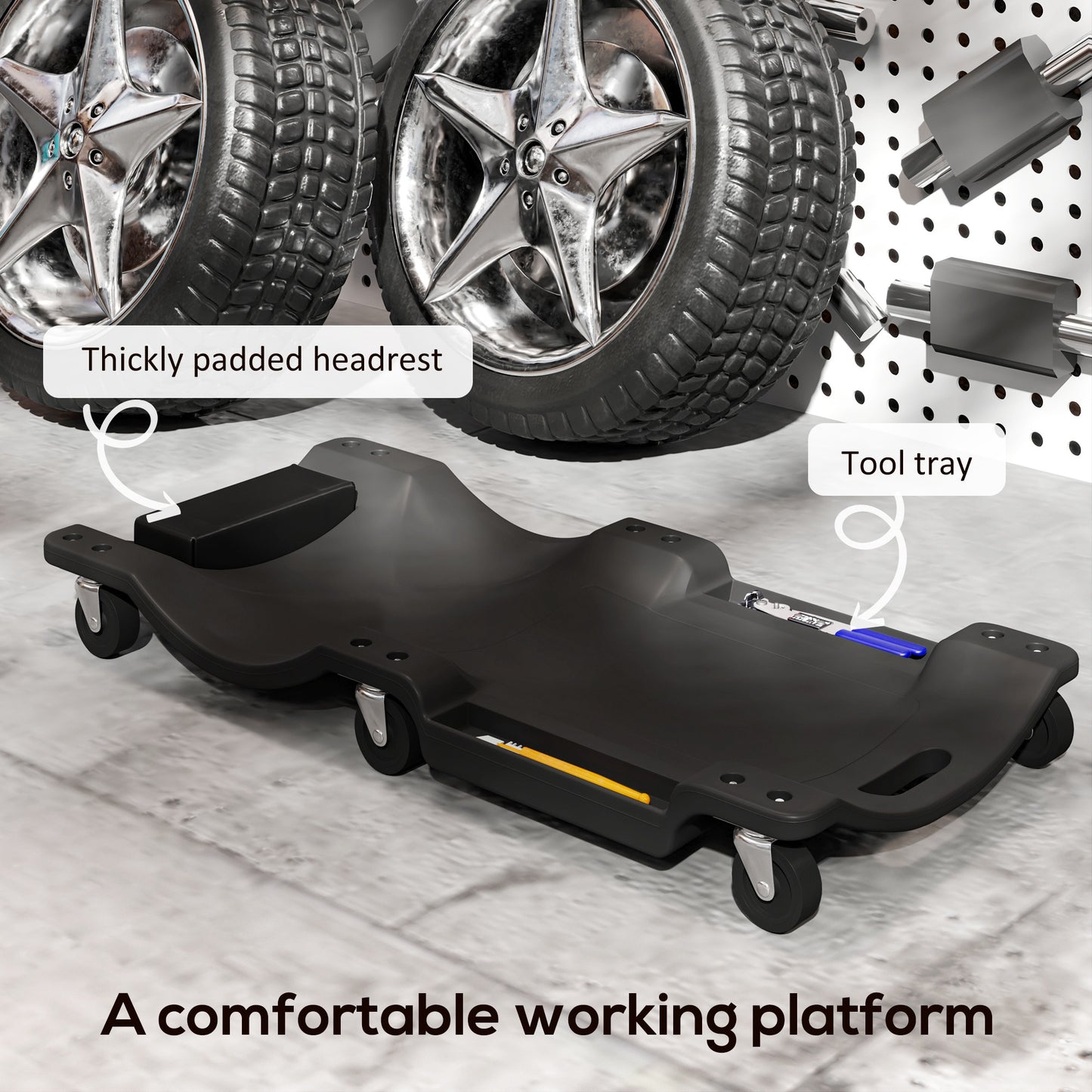 Mechanic Vehicle Creeper, Under-Car Rolling Crawler Board, with Headrest, Wheels, Black