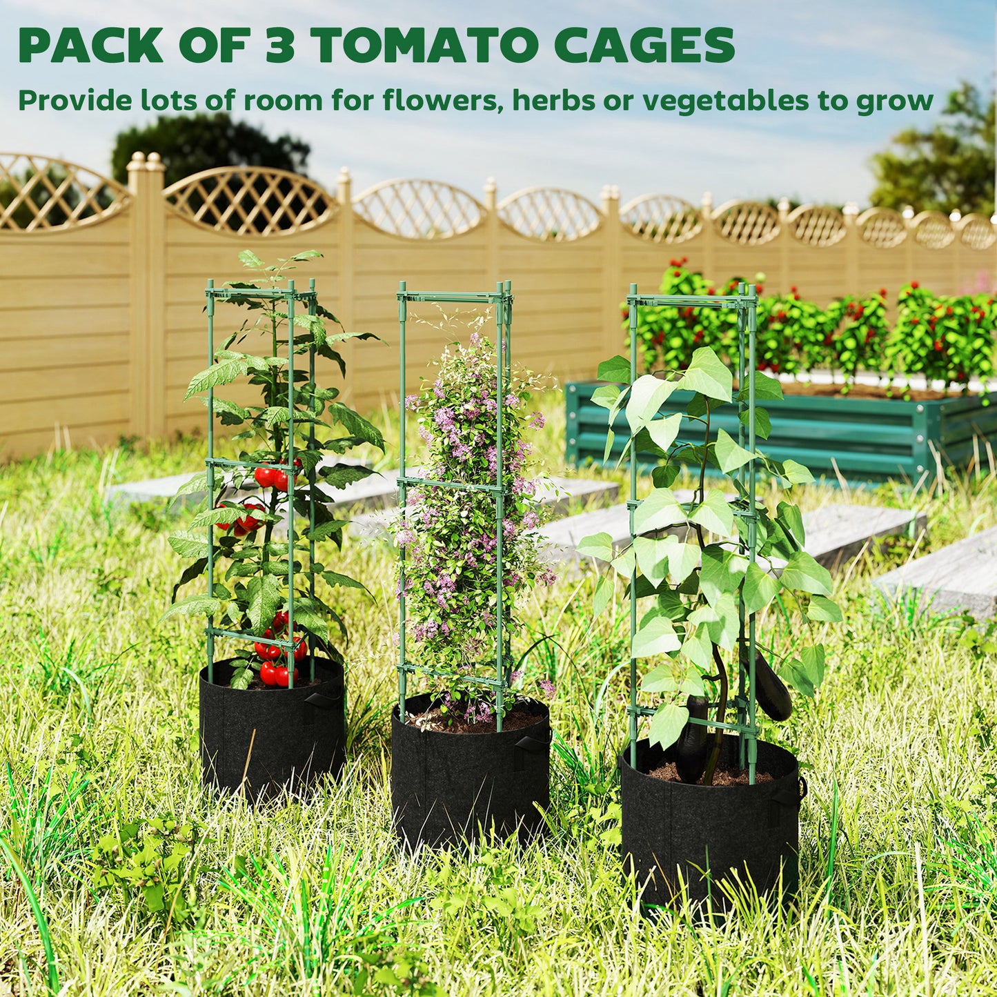 3 Packs Tomato Cages with 83.7L Grow Bags, 120cm Adjutstable Triangle Plant Stakes Support Trellis with Planter Bags