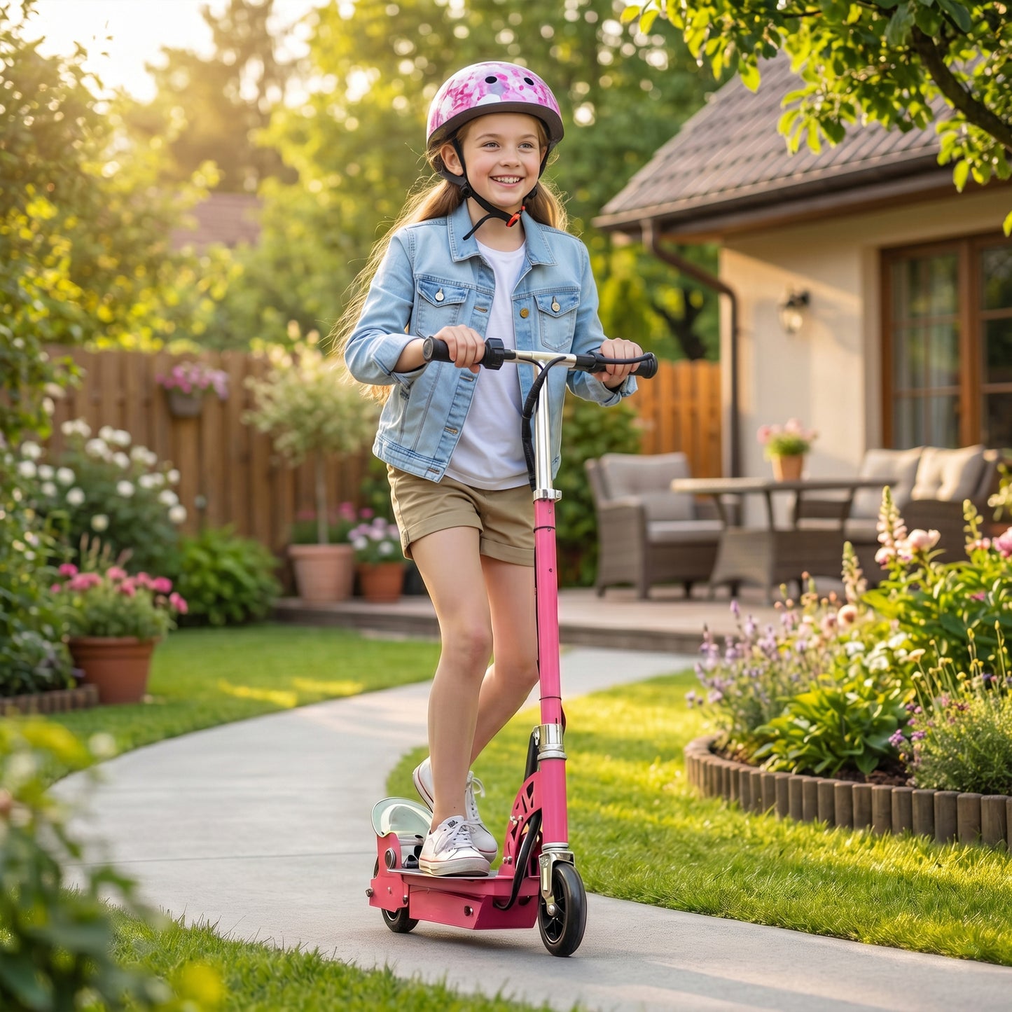 Foldable Powered Scooter with Adjustable Handle, Brake, Pink