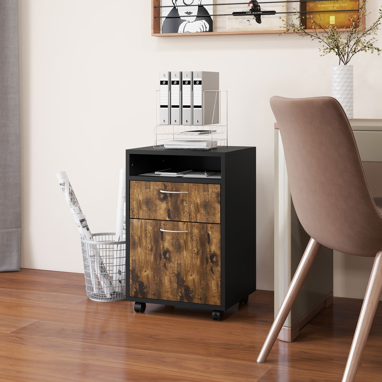 Filing Cabinet, Mobile File Cabinet with 2 Lockable Drawers, Office Home Organiser on Wheels for A4