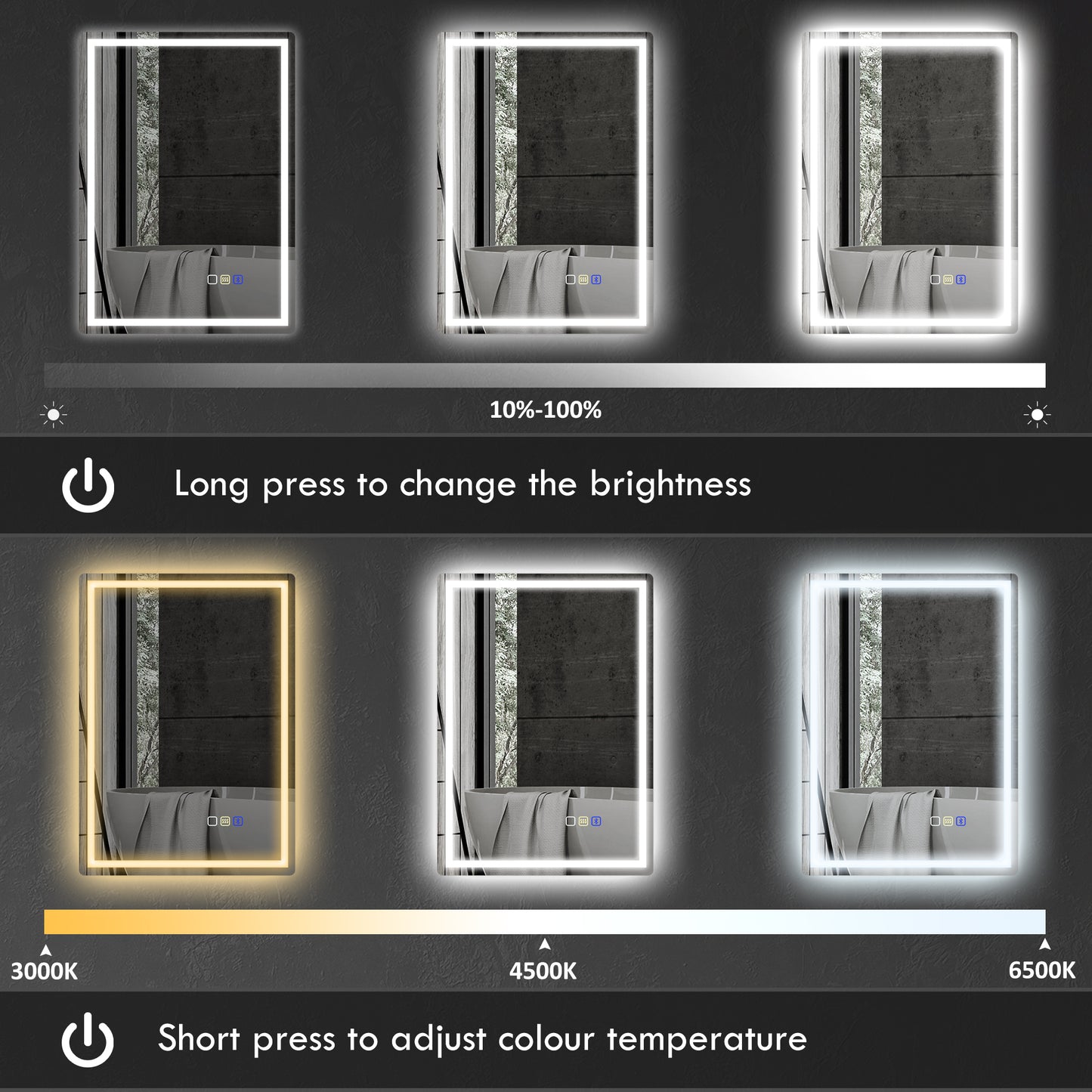 50 x 70 cm Anti-Fog LED Bathroom Mirror, with Bluetooth - Silver Tone