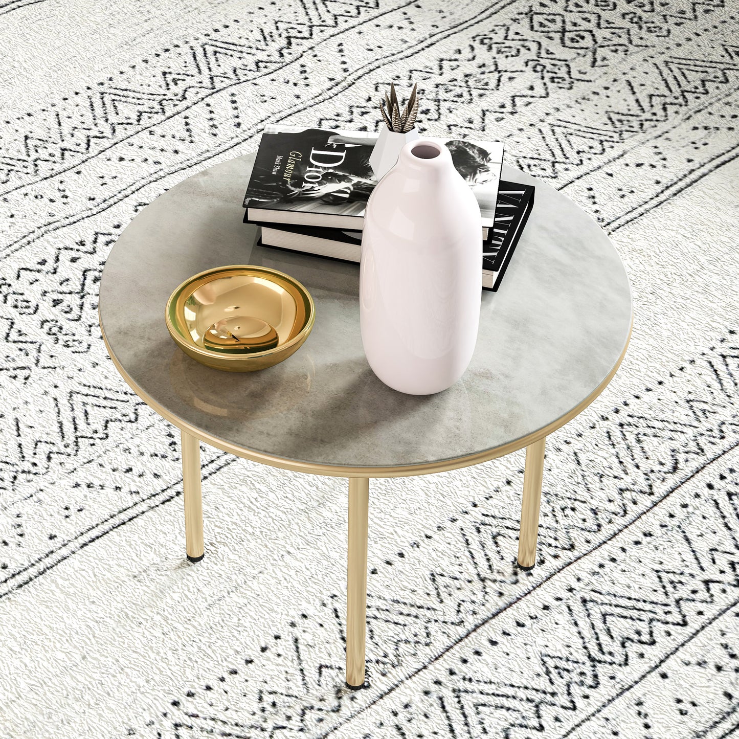 Round Coffee Table, Modern End Side Table with Faux Marble Tempered Glass Top, Steel Frame for Living Room, Bedroom, Office