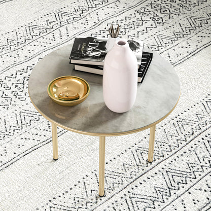 Round Coffee Table, Modern End Side Table with Faux Marble Tempered Glass Top, Steel Frame for Living Room, Bedroom, Office