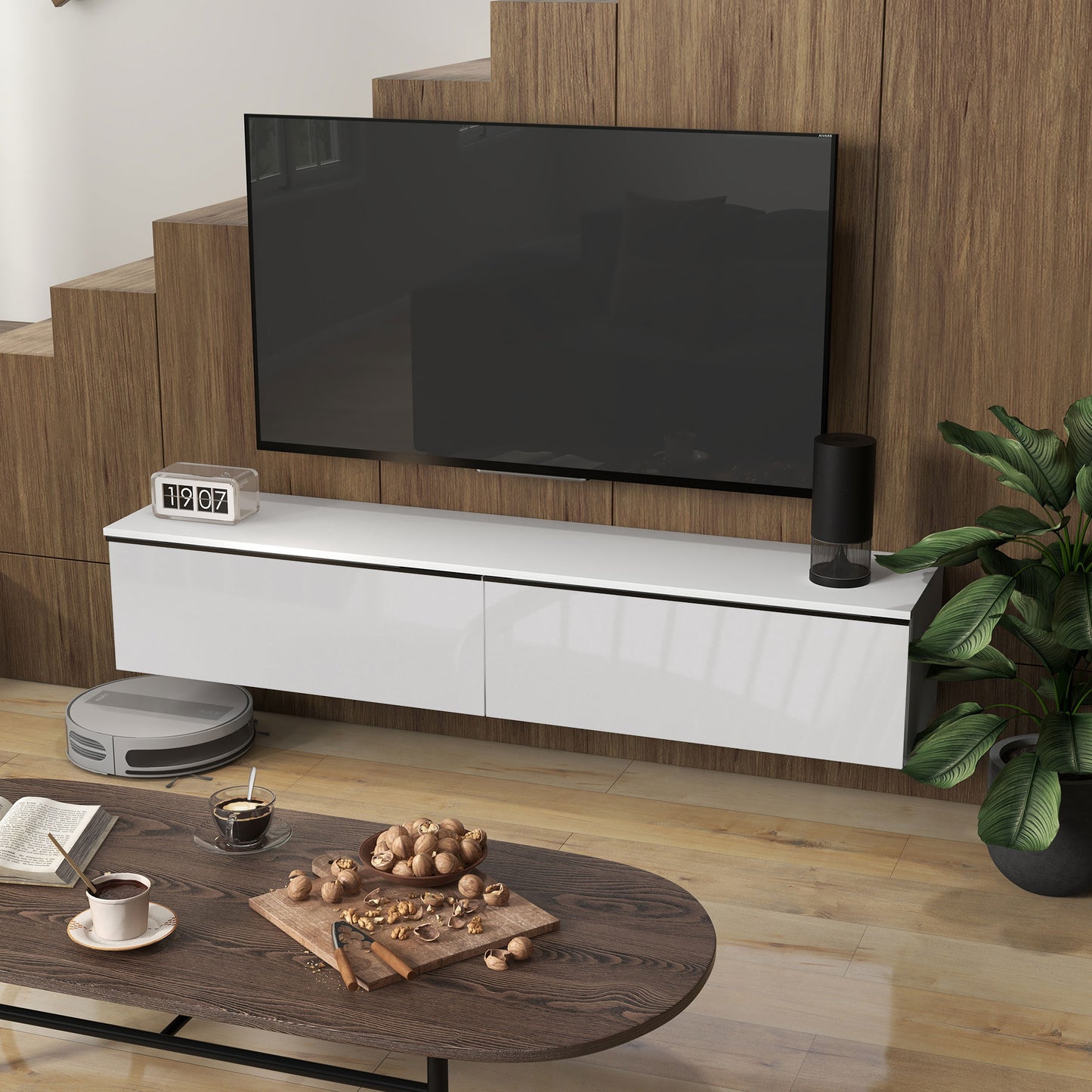 160cm High Gloss Floating TV Unit Stand for TVs up to 70", Wall Mounted TV Cabinet with Storage Cupboards, White