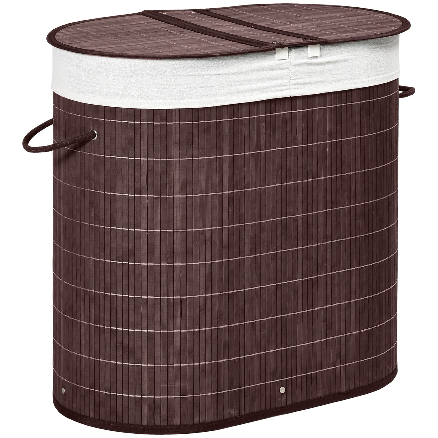 100L Bamboo Laundry Basket with Lid, Washing Basket with 2 Compartments, Handles, Removable Liner, Brown