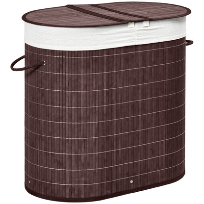100L Bamboo Laundry Basket with Lid, Washing Basket with 2 Compartments, Handles, Removable Liner, Brown