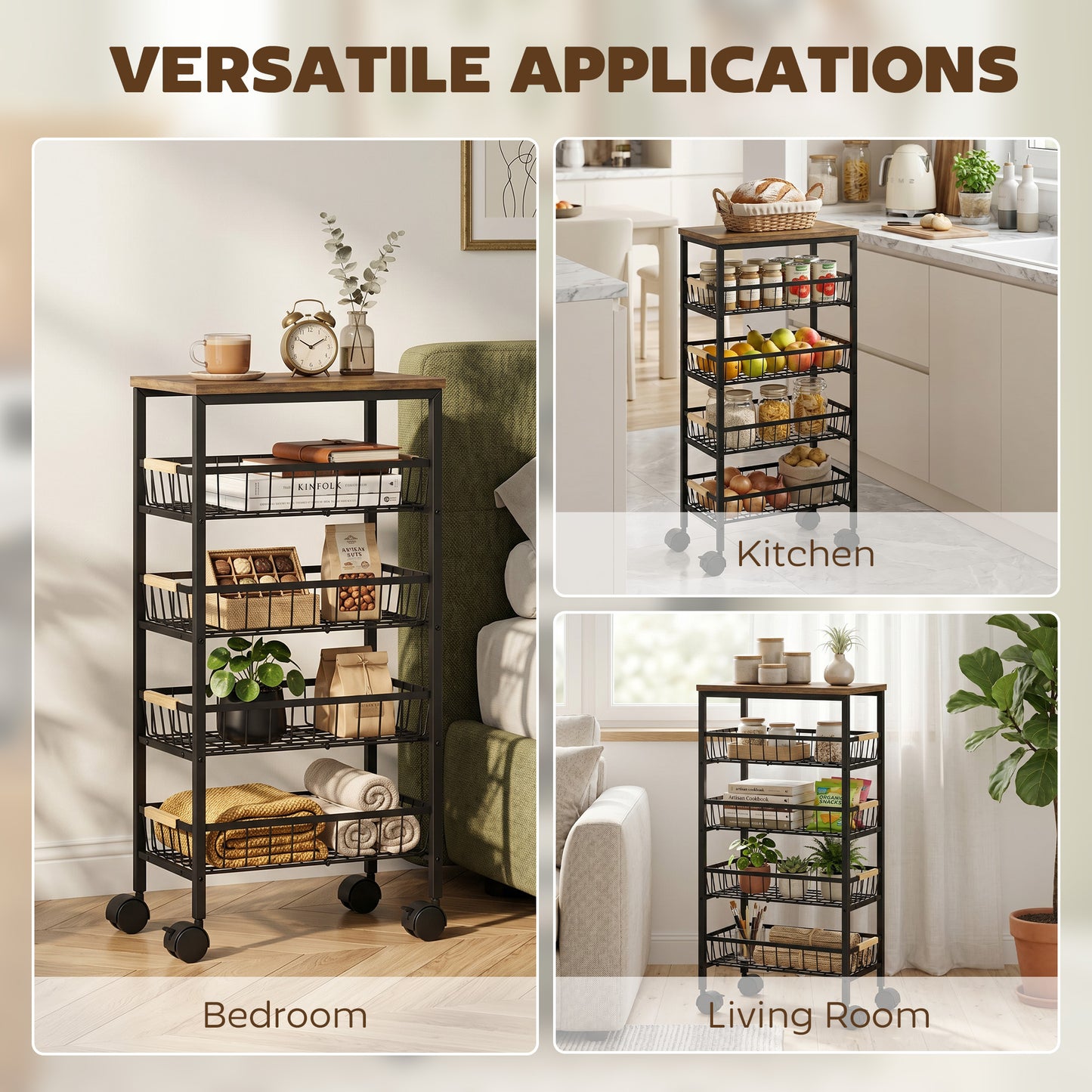 Metal Kitchen Trolley, 4-Tier Storage Trolley with Pull-Out Baskets and 4 Swivel Casters for Kitchen, Rustic Brown