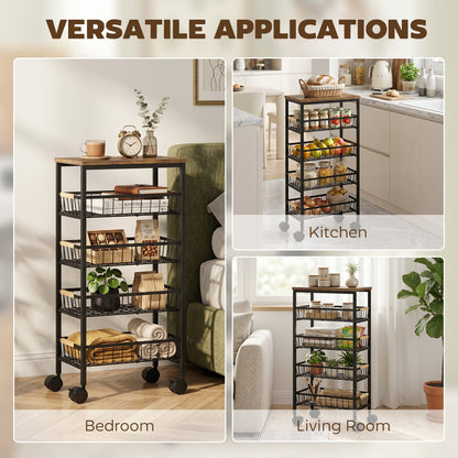 Metal Kitchen Trolley, 4-Tier Storage Trolley with Pull-Out Baskets and 4 Swivel Casters for Kitchen, Rustic Brown
