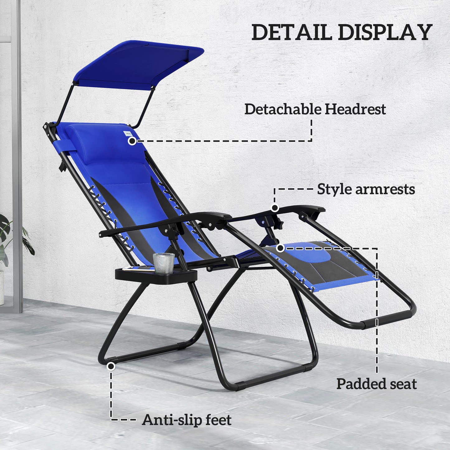 Zero Gravity Lounger Chair, Folding Reclining Patio Chair with Shade Cover, Padded Seat, Cup Holder