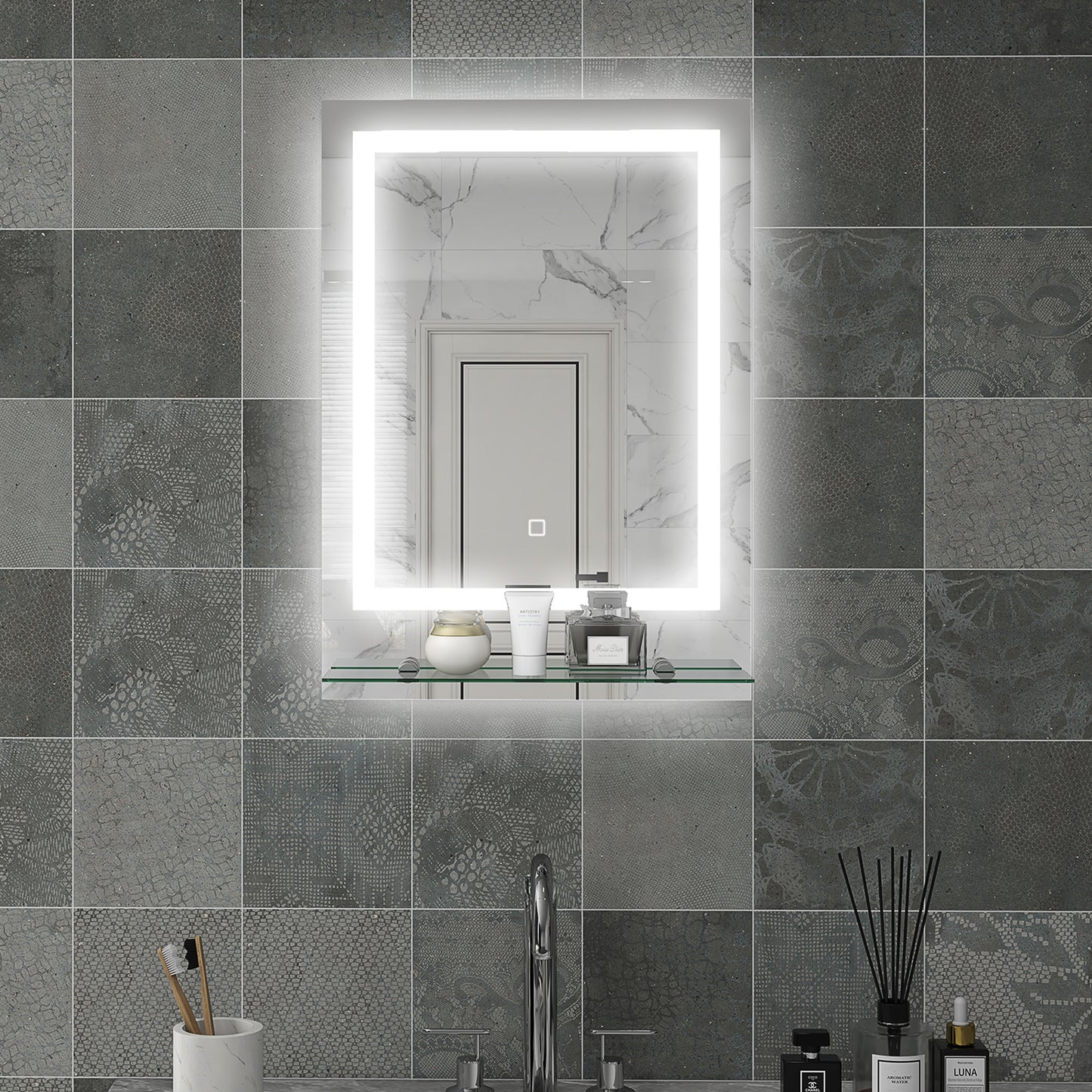 Large Vanity Mirror with Lights and Shelf, Illuminated bathroom Mirror with 3 Colour Brightness, Smart Touch, Anti-Fog