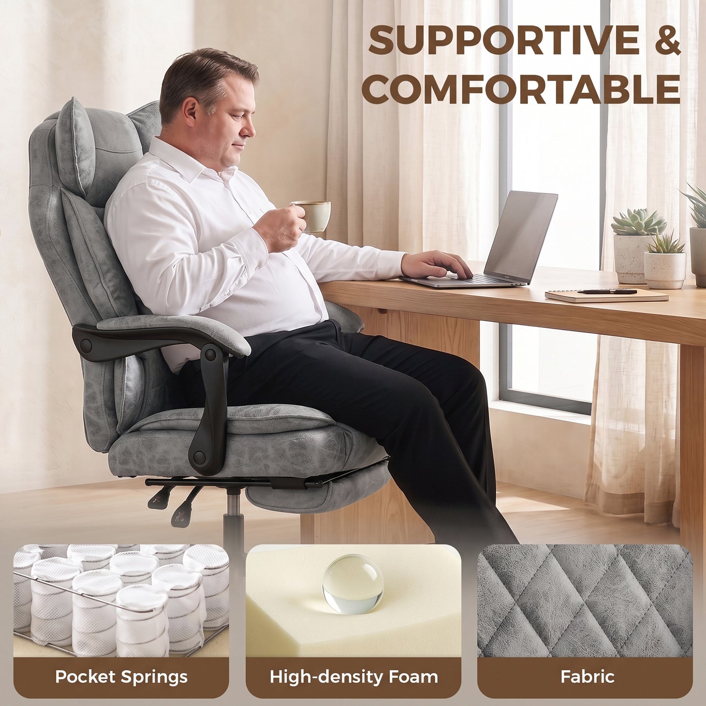 Executive Office Chair, Leathaire Big and Tall Office Chair 180 kg with Wide Seat, Reclining, Lumbar Support, Grey