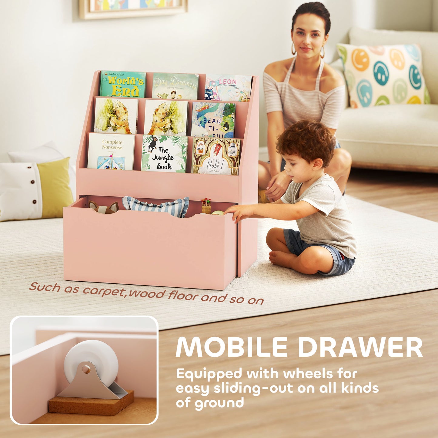 Bookcase for Kids with Shelves, Drawer, Bookcase for Bedroom, Playroom, Pink