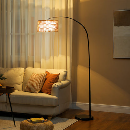 Rattan Floor Lamp for Living Room, Farmhouse Arc Standing Lamp with Dual-Layer Shade & Foot Switch