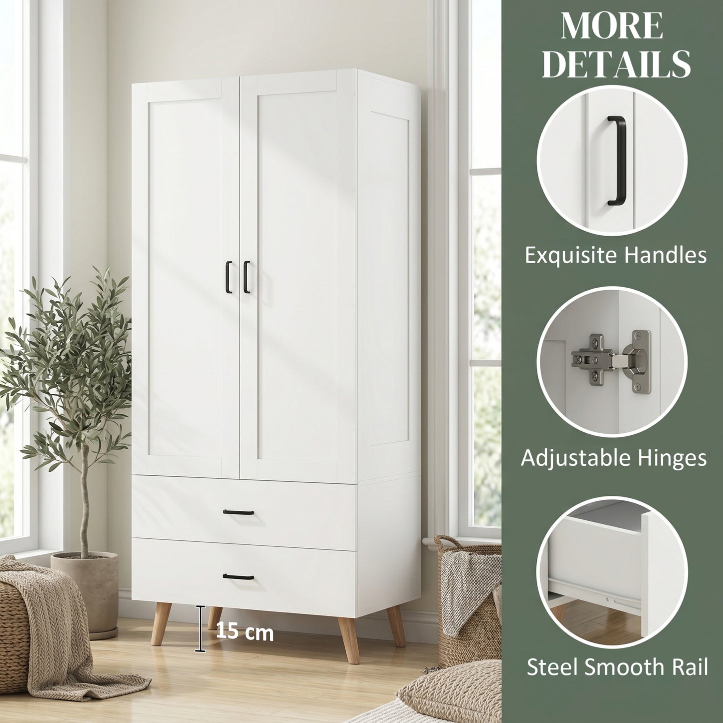 2-Door Wardrobe, Modern Wardrobe with 2 Drawers and Hanging Rail for Bedroom, White