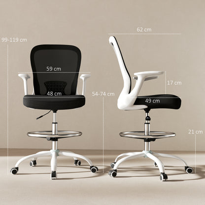 Draughtsman Chair, Mesh Drafting Chair, Ergonomic Office Chair with Flip-up Armrest, Adjustable Foot Ring, Black White