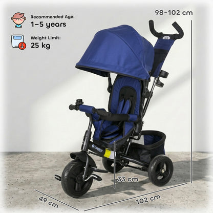 6 in 1 Kids Trike with Parent Handle, Canopy, 5-point Seat Belt, Storage, Footrest, Brake, for 1-5 Years, Dark Blue