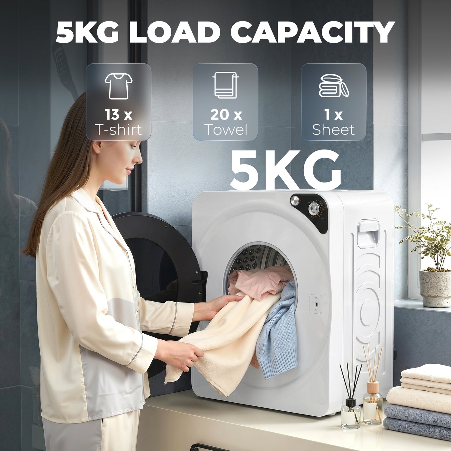 5kg Vented Tumble Dryer, 1000W Compact Tumble Dryer with 5 Drying Modes, Stainless Steel Tub, White