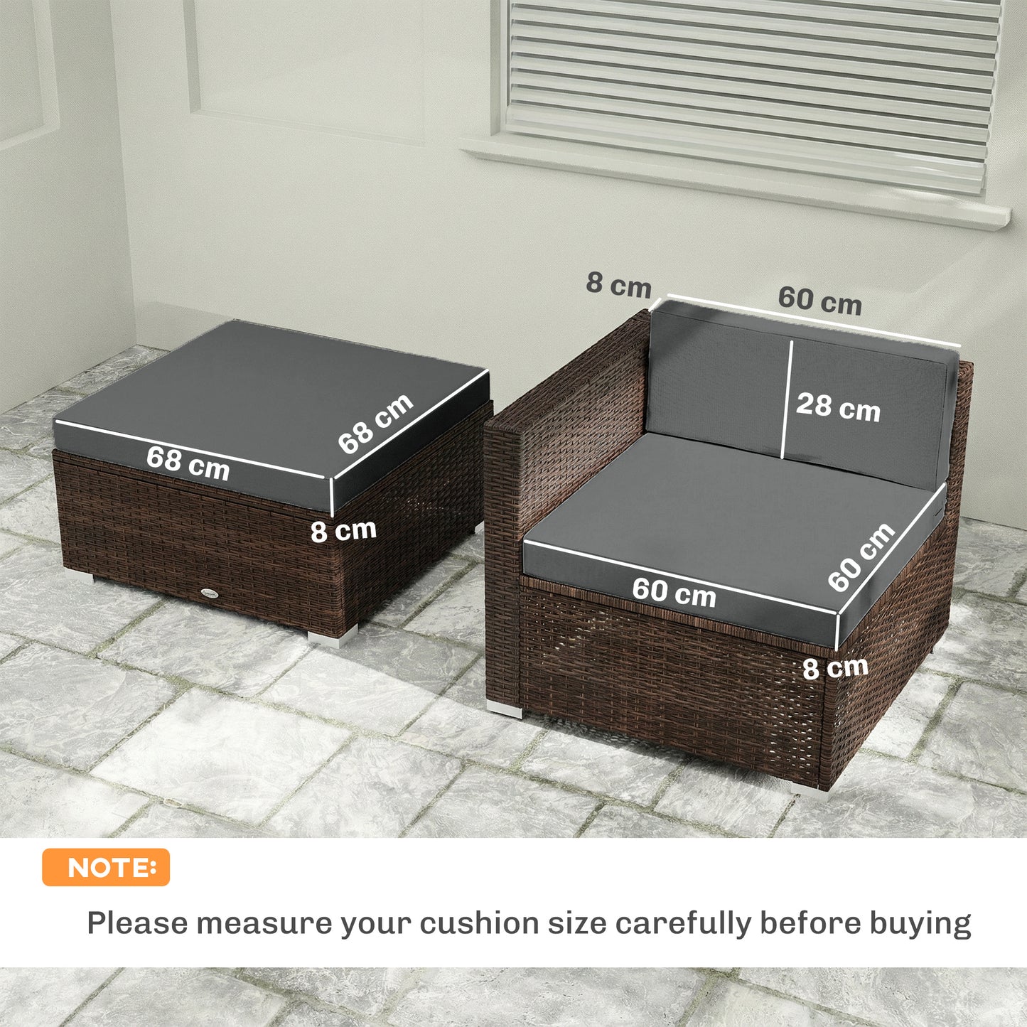 7-Piece Patio Furniture Cushions, Outdoor Loveseat Cushion with Removable Covers for Rattan Furniture, 60x60 cm, Dark Grey