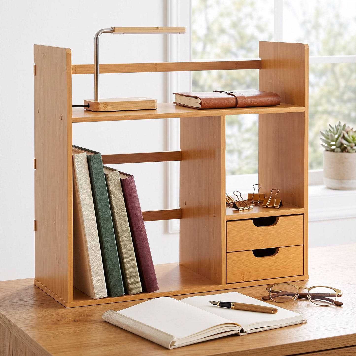 Desk Organiser Compartments Desktop Bookshelf Stationery Storage Shelf Document File Holder with 2 Drawers 2-way Reversed Use