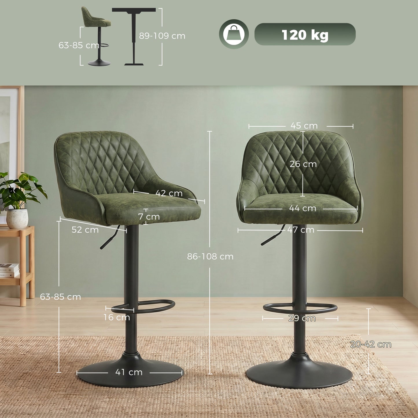 Bar Stools Adjustable Swivel Kitchen Chairs with Backrest Set of 2 for Kitchen Island Dark Green