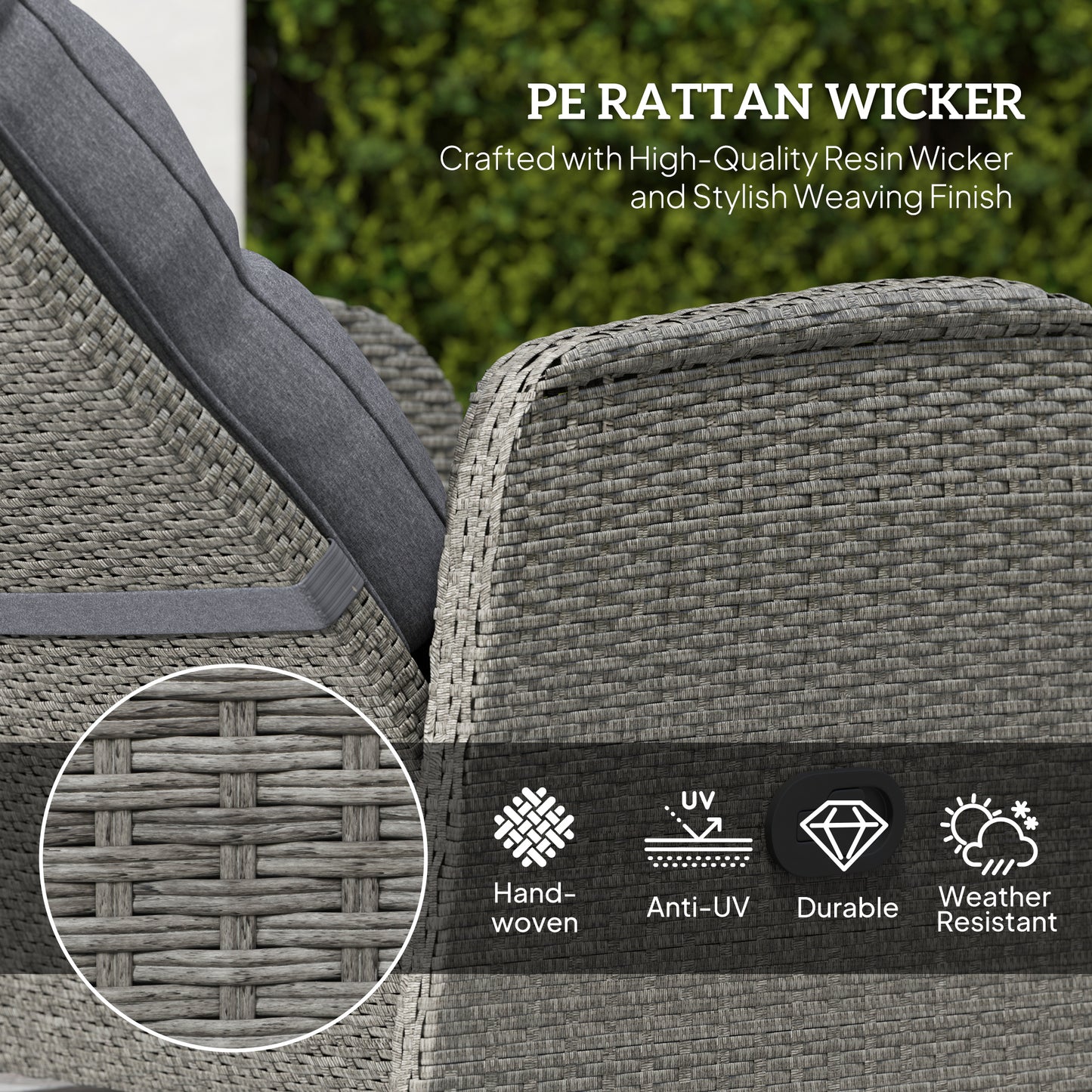 2 Seater Patio Rattan Wicker No Installation Chaise Lounge Sofa Set w/ Cushion for Patio Garden Porch, Grey