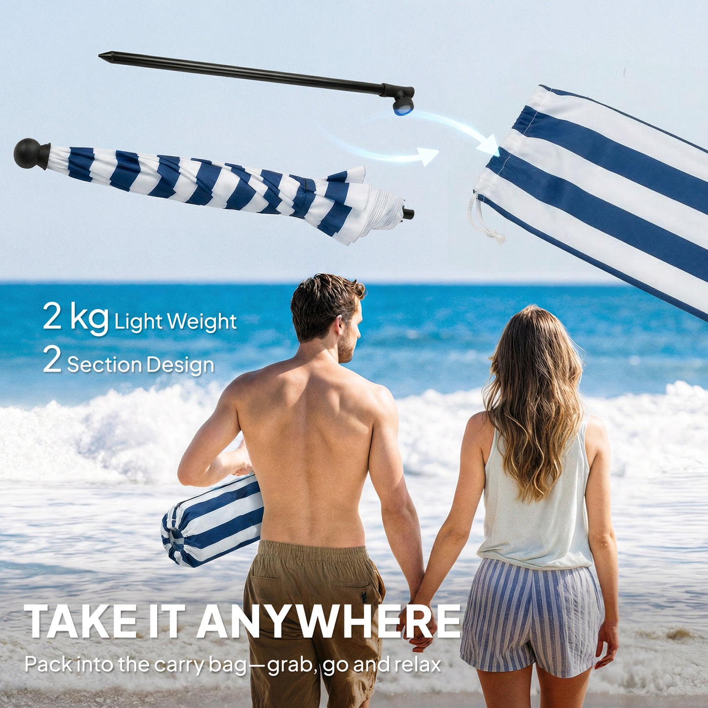 1.8 m Beach Umbrella Parasol with Sand Anchor, Portable 30° Tilting Patio Sun Shade with Adjustable Height, Blue/White