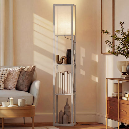 3-Tier Floor Lamp with Shelves and Storage, Modern Corner Standing Lamp with Lampshade, Foot Switch for Living Room, Bedroom